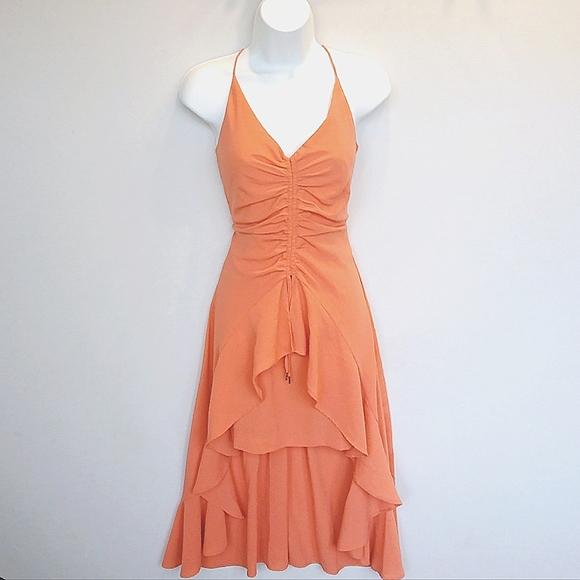 Sleeveless Ruffle High-Low Mini Dress, Long Flowy Back, Fitted Bodice Papaya M - Picture 3 of 10